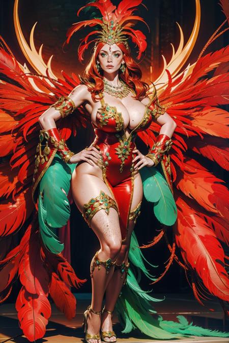 carn1val, carnival brazil costume, hair ornament, cleavage, jewelry, necklace, high heels, revealing clothes, feathers, wings, (check samples for colour ideas)