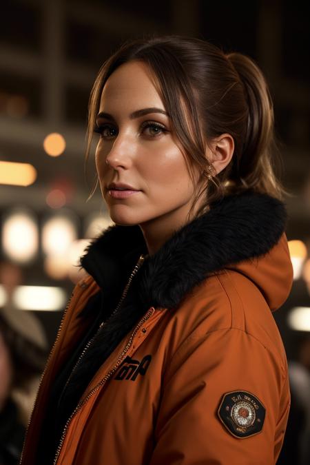 beautiful woman (EPN1kk1Gl4s3r:.99): a woman at a (party:1.1), perfect highponytail, wearing sexy orange (Sherpa-lined Parka), (crowd of people in background:1.1), (at a pompous theatre), (face focus), modelshoot style, (extremely detailed CG unity 8k wallpaper), professional majestic (photography by Roberto Ferri:1.1), 24mm, exposure blend, hdr, extremely intricate, High (Detail:1.1), dramatic, soft cinematic light, (looking at viewer), (detailed pupils), 4k textures, soft cinematic light, elegant, ((((cinematic look)))), soothing tones, insane details, hyperdetailed, ("In Jernau we trust!":1.1)