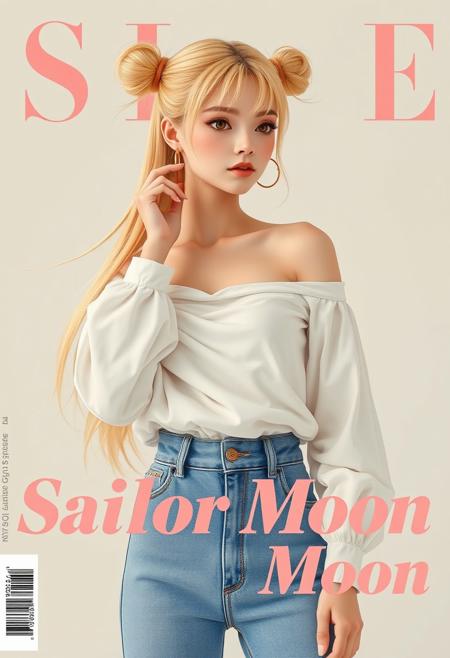 An sailor moon anime-inspired female female with long, flowing blonde hair styled in two buns with long pigtails, wears a white off-shoulder blouse that drapes elegantly, revealing her collarbones and shoulders for a relaxed yet sophisticated look. The long, billowy sleeves with cuffed wrists add a touch of vintage charm, while the lightweight, airy fabric gives the outfit a delicate, ethereal feel. She pairs it with high-waisted blue denim jeans, featuring a slightly worn, hand-painted texture. She accessorizes with gold hoop earrings, and her hand gently rests on her face, exuding a dreamy, introspective expression. The background is soft and minimalistic,resembles a stylish magazine cover with bold typography in peach andpink shades,write Sailor Moon, giving the image a modern fashion aesthetic, Leave blank space on the side