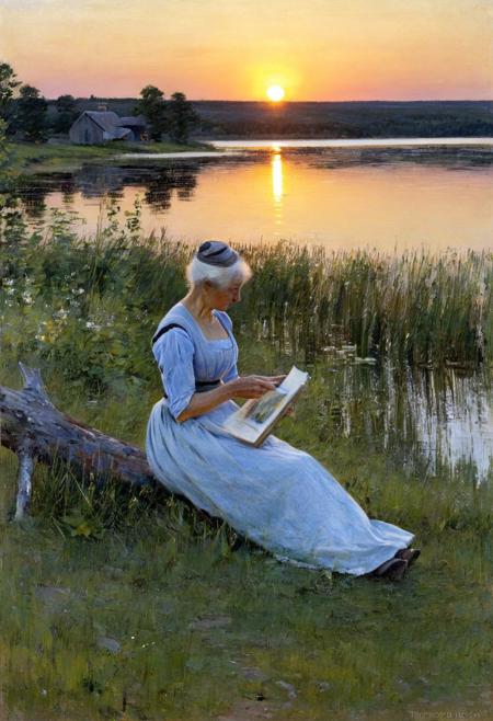 sunset, northern lake, summer, old fashioned woman, nostalgic, high quality, detailed, 1girl, scenery, by theodore robinson, impressionism, painting