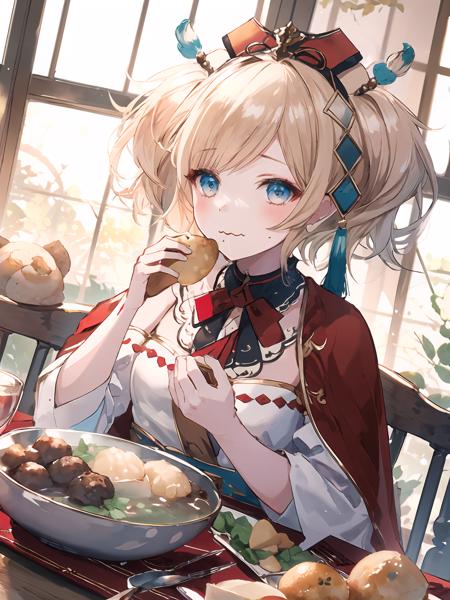 masterpiece,best quality,highres,cinematic lighting,dramatic angle,<lora:ResplendentPhoenixV1:0.8:lbw=jiangshi3>,1girl,light blonde hair,blue eyes,twintails,short hair,capelet,hair ornament,bowtie,tassel,jewelry,ribbon,white and red dress,bare shoulder,frills,sash,detached sleeves,sitting,eating,chewing,:3,food,baozi,dumplings,meat ball,soup,table,across table,embarrassed,looking at viewer,blush,shy,happy