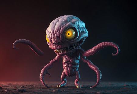 "8K UE5/Octane render of a grotesque humanoid monster: oversized pink head with glowing yellow iris, tiny body, starfish-like pose. Advanced Dark backdrop highlights nanite-geometry textures (veiny skin, clawed limbs). Cinematic lighting (warm key/cool rim) accentuates cartoon-horror contrast. Post-processed with Kodak grain, chromatic aberration, and Grammer Effect color grading. Tags: #CharacterDesign #DarkFantasy #ConceptArt."