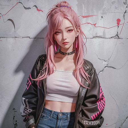 (masterpiece, best quality, 1girl, solo, intricate details, chromatic aberration), realistic, ((medium breath)),long hair, pink hair, red head ornament, pink highlights, hair over one eye,purple eyes, earrings, sharp eyes, choker, neon shirt, torn legwear, open jacket, turtleneck sweater, night,against wall, brick wall, graffiti, dim lighting, alley ,look at viewer, <lora:koreanDollLikeness_v15:0.2>