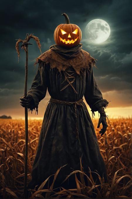 Dark Fantasy Art, Dark Moody Atmosphere, A menacing pumpkin-headed scarecrow looms in a moonlit cornfield, wielding a rusted pitchfork. Eerie orange light flickers within its carved grimace. Tattered robes billow in the autumn wind. Mystical runes glow on its straw-stuffed body, evoking ancient harvest rituals., dramatic, mysterious, dark moody atmosphere, dark, moody, dark fantasy style