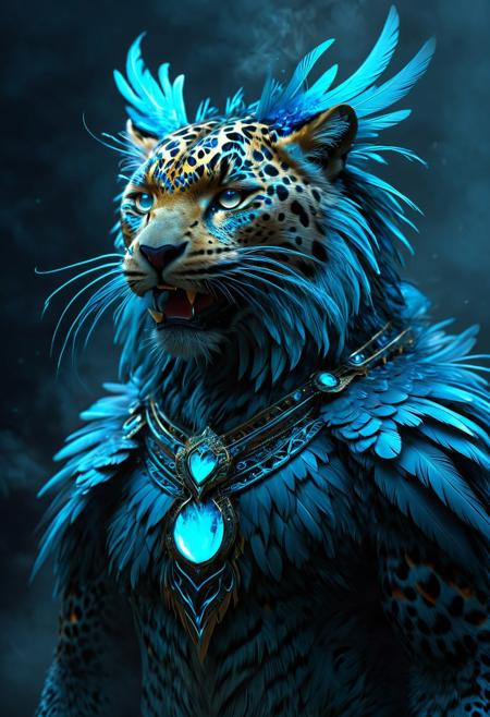 A hauntingly fused creature combines the body of a magnificent macan, an Asian leopard, with the head and wings of a burung jalak, a striking blue bird. This surreal being is set against a dark, misty backdrop, illuminated by subtle, eerie lighting that highlights the sharp, angular features of the macan's face and the vibrant, expressive eyes of the jalak. Its feathers are ruffled, and its beak is open in a silent scream, as if protesting against this unnatural amalgamation. The sleek fur of the macan merges seamlessly with the jalak's iridescent feathers, creating a disconcerting contrast that evokes a sense of dread and unease.
