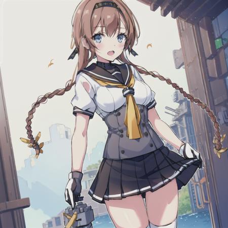 teruzuki, 1girl, solo, breasts, looking_at_viewer, open_mouth, blue_eyes, skirt,  brown_hair, hair_ornament, thighhighs, gloves,  school_uniform, standing, braid, short_sleeves, cowboy_shot, pleated_skirt, hairband, serafuku, white_gloves, miniskirt, black_skirt, s twin_braids, white_thighhighs, black_sailor_collar, yellow_neckerchief, hachimaki, propeller_hair_ornament, (ecchi0.5), (trees:0.5), (flowers:0.6) ,(wooden house:0.2),(bamboo forest:0.2),(creek:0.2),(river:0.2),