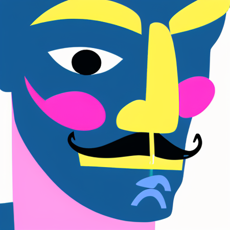 <lora:ttsicon:1> A man with a pink nose, pink eyebrows, yellow mustache, blue skin, tightly closed mouth, looking at the camera