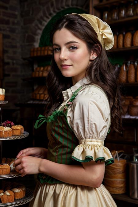 irish costume ,  bakery , day  <lora:Monica1873Barbaro:1> masterpiece, best quality, detailed face, 1girl, solo, a woman, m1873b,