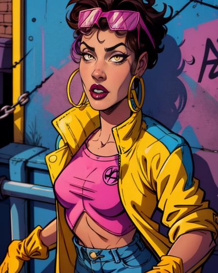 jubilee,short black hair,brown eyes ,lips ,lipstick,dark skin,solo, standing, upper body, close up,
jubJak, denim shorts , open yellow jacket, purple shades on head, hoop earrings ,((blue gloves)), pink shirt, blue boots,
streets, chain fence, wall with graffiti, retro,
(insanely detailed, beautiful detailed face,  masterpiece, beautiful detailed  eyes, best quality)  <lora:jubilee:0.8>