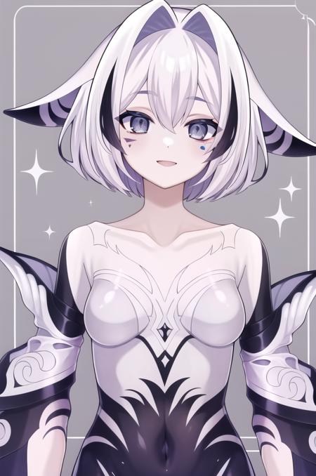 General prompt: <lora:KiliaKurayami-v1-06:0.7>, ChopioKiliaKurayami, head fins, white hair, black hair, short hair, streaked hair, hair intakes, hair between eyes, facial mark, grey eyes, white skins, (looking at viewer:1.3), Outfit_1: outfit_1, bodysuit, skin tight, detatched sleeves, gem, covered navel, wide sleeves, purple hands, cetacean tail, blue tongue, sharp teeth,