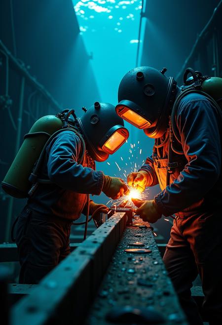image of underwater welders, ((diving helmet)), warm tinted helmet lens, diving apparatus, high resolution, high quality, best quality, (masterpiece), extremely detailed, repairing a submarine, machinery, shipwreck, hoses, cables, ((steel pipes)), tools, dark foreboding environment, the deep, dark depths, very dark, warm artificial light, deep underneath the surface, night time, steel beams, welding, breathing, underwater, welding light, ((air bubbles)), dramatic light, wide shot