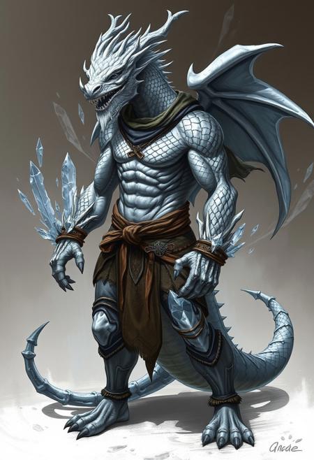 Male dragonborn, silver scales, crystals growing out of his body, barbarian clothing, buff
