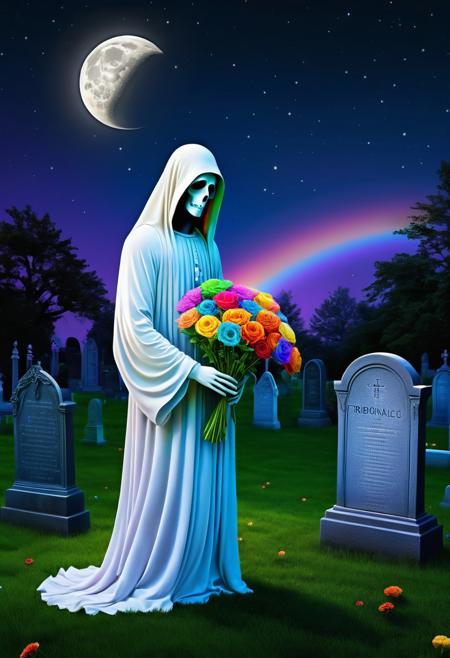 Tribonacci-Lucas, a ghost made of rainbows holds flowers on a serene night in a beautifully manicured graveyard, it is a moonlit evening with a hint of rainbow in the air, avant-garde trendsetting serene indy-digital art
