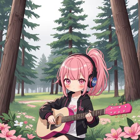 1 chibi girl very cute with pink hair and blushed, (solo), flower, outdoors, playing guitar, music, holding guitar, jacket, shirt, long pinkhair in one side ponytail, pine trees, pink hair, blush stickers, long sleeves, bangs, headphones, flowers