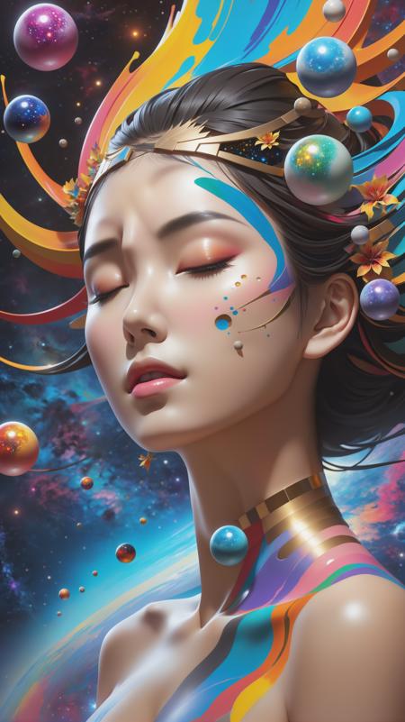 a beautiful girl, closed eyes, portrait, (((splash of paint))), (((colorful))), (((floating colorful paint))), goddess of death, Japanese mythology,(featuring mythical creatures), solar system, milky way, dream, fantasy, (abstract background:1.3), masterpiece, ultra realistic, extremely detailed CG unity 8k wallpaper, best quality, photorealistic, Human anatomy, fragmented body parts, 3d cube fragmentation of body, cubes and orbs breaking off face, surreal masterpiece, vibrant colors, rim lighting, mechanical fragmentation, biosphere decomposition, high detail, floating parts, detailed cosmic background, fractal art, galaxy light vision, 16k, Astral concept art, sharp lines