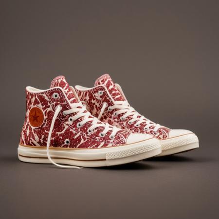 A stylish pair of Converse hi-top sneakers, meticulously crafted from rich, marbled wagyu beef, the texture glistening under soft light, detailed meat fibers forming the classic sneaker shape, beef-patterned fabric with deep umami tones, realistic shoelaces made of thinly sliced beef, high-end product photography, ultra-realistic textures, natural light, 35mm photograph, film, professional, 4k, highly detailed, Golden hour lighting. Depth of field F2. Rule of Thirds Composition.