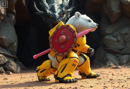Vibrant yellow Armored White Bear robot, red shield, pink sword, in dynamic action pose on dirt ground, facing right against ominous Cave Dragon background. High-res 4K, Exceptional Quality, Lifelike Details, Super Detailed Eyes, Stunning Harmonious Multi Colors. Beautiful Matte Painting, Impeccable Golden Ratio Composition, Creative Angle, Captivating Cinematic Lighting. Octane Render, Unreal Engine 5, Splash Ink Illustration. Trending on ArtstationHQ, CGSociety. Raphael Style influence, Houdini Style complexity. Handcrafted detail, sharp lines. Playful imaginative scene.