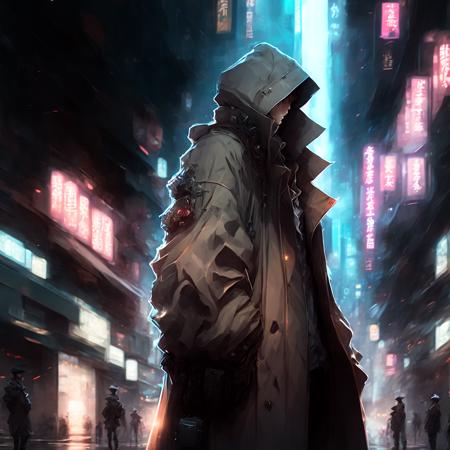 anime, Cyber Hacker Man standing, wearing Trenchcoat in the Streets of Hong Kong (CyberHacker style:1)  <lora:djzCyberHacker:0.8>