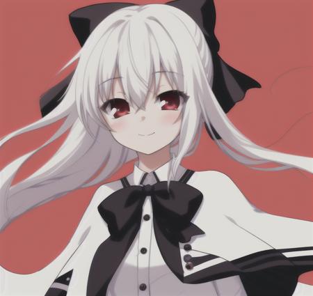 best quality,4k,1girl, solo, red eyes, long hair, capelet, bow, smile, white background, shirt, black bow, simple background, white shirt, looking at viewer, upper body, hair bow, hair between eyes, white hair, bangs, closed mouth, bowtie, blush, floating hair, buttons, sidelocks