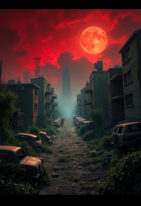 A desolate urban landscape during a zombie apocalypse, overgrown with vegetation, abandoned cars, and crumbling buildings, dramatic lighting with a blood-red sky, high detail, cinematic composition, digital painting, inspired by the works of Simon Stålenhag and Ian Holmer, 8k resolution, hyperrealistic atmosphere, intense survival scene with zombies lurking in the shadows