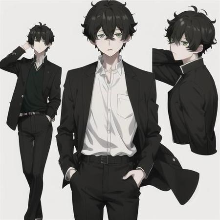 Oreki Green eyes white shirt messy black hair  black jacket black pants