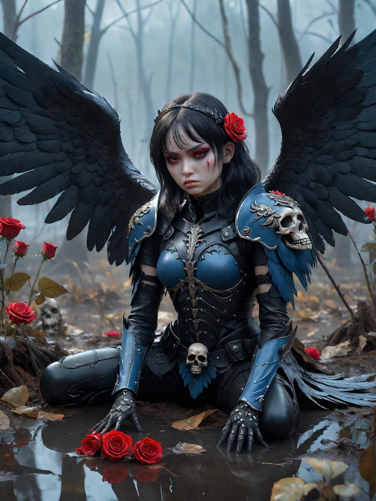 Anime-style blue and black angel with red roses in her hair and skull on her shoulder, sitting in a forest.