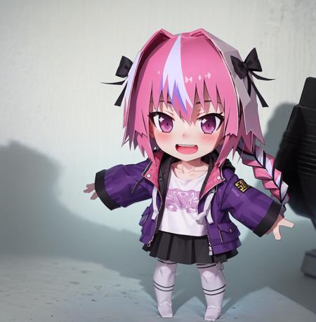 (Highest picture quality),(Master's work), papercraft,  1boy, Astolfo, chibi,black skirt, long braid, braid, looking at viewer, purple eyes, hair between eyes, striped, collarbone, hooded jacket, hair bow, open mouth, shirt, open clothes,  black bow, pink hair, miniskirt, single braid, jacket, long hair, long sleeves, black pantyhose, purple jacket, hair intakes, streaked hair, striped shirt, hair ribbon, <lora:Astolfo-05:0.4>, wariza, smile, blush, thick thighs, full body,White background