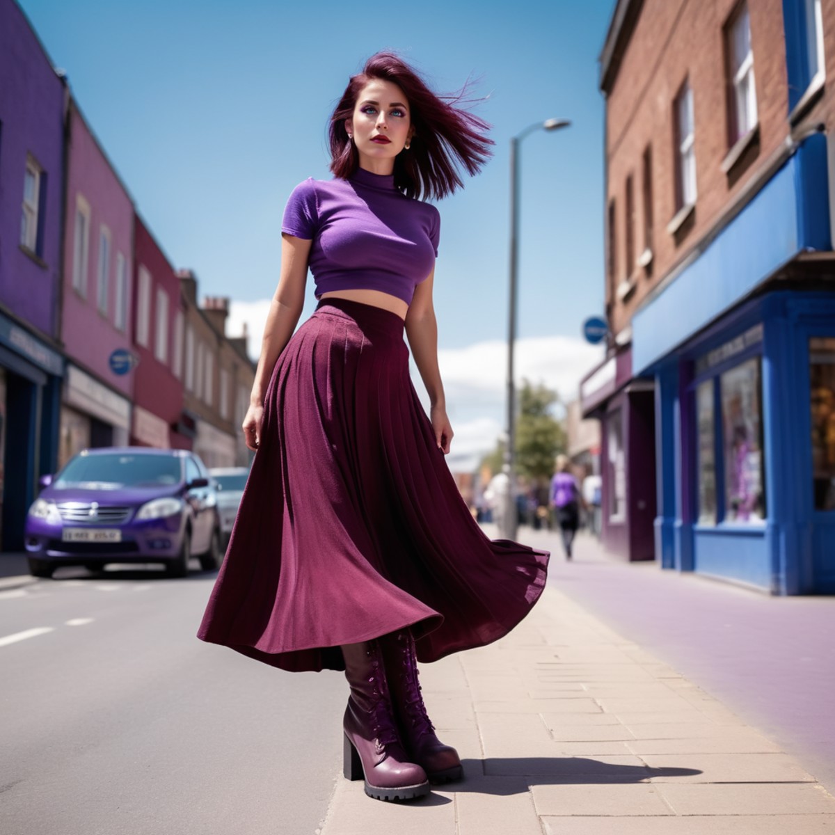 Cinematic photograph. Woman wearing a long burgundy skirt and purple top and chunky boots with very long eyelashes. Vivid ...