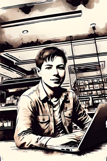 ink_style , male, portrait of man, using macbook, coffee shop background, wearing shirt , <lora:InkStyle:1>  <lora:jason-model-cosine:1>