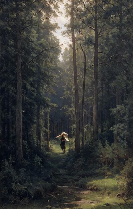 <lora:SHISHKIN(LANDSCAPE)_V1.2-000001:0.8>, best quality, forest, sunset, sunlight, path, 1girl:1.4, humans: 1.4