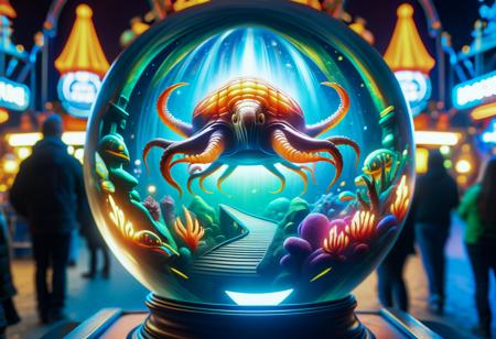 hyper detailed masterpiece, dynamic realistic awesome quality,amusement parks, polycarbonate panels, bonfires,luminescent deep-sea creatures, moving head lights,in a DonMCry5741b411XL crystal ball  <lora:DonMCry5741b411XL:1>