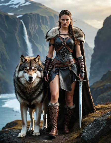 RAW full body image of a gorgeous 25 years old Gorgeous Viking Woman Brunette, braided hair, <lora:NordicByNature:0.8>,The Wolf Companion, A fearless Viking woman standing beside a massive wolf, her leather armor blending with the rugged Nordic landscape.,photo Fantasy art combining the styles of Boris Vellejo and Luis Royo,Photorealistic, real photo, god rays, 1girl, 21yo,realistic, clear focus, high resolution image, (soft naural light), (rembrandt light), (soft shadows) ,Sexy pose, erotic pose, exhibitionism,