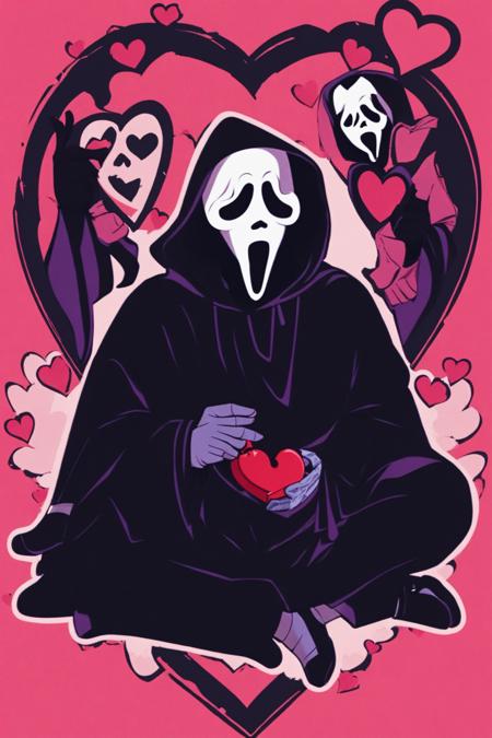 Ghostface Baller,  solo,  gloves,  long sleeves,  1boy,  sitting,  male focus,  heart,  hood,  torn clothes,  mask,  cloak,  hood up,  skull,  robe,  indian style,  heart background, <lora:EMS-44589-EMS:1.000000>