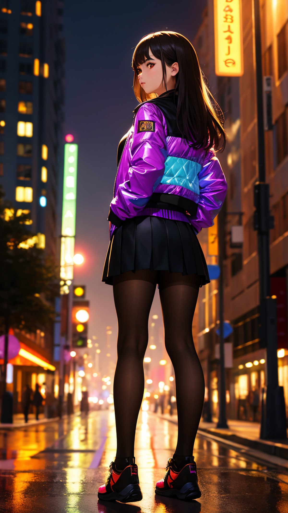 (ultra detailed,ultra high res,detailed background),night,looking back,young female,neonbeat,dark sky,chiaroscuro,cityscap...