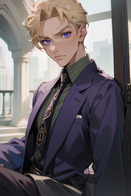 kirayoshikage, <lora:kirayoshikagetest:1>, kira yoshikage, 1boy, blonde hair, short hair, mature male, cheekbones, purple eyes,
BREAK belt, formal, necktie, shoes, suit,,
BREAK looking at viewer,
BREAK outdoors, park,
BREAK <lora:GoodHands-vanilla:1>, (masterpiece:1.2), best quality, high resolution, unity 8k wallpaper, (illustration:0.8), (beautiful detailed eyes:1.6), extremely detailed face, perfect lighting, extremely detailed CG, (perfect hands, perfect anatomy),