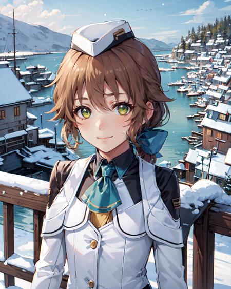 best quality, (masterpiece:1.2), illustration, absurdres,
(1girl), (solo), (beautiful detailed girl),  (upper body, portrait),,
<lora:TowaCS3-08:1>, Towa Herschel, brown hair, ponytail, hair ribbon, green eyes, petite, small, short, flat chest, small breasts,
white hat, headwear,
white jacket, blue neckwear, black gloves, black pantyhose, white shoes,
looking at viewer, gentle smile,
winter, cold, snow, snowing, harbor, port, dark, stone buildings, cobblestone buildings, medieval village, viking village,