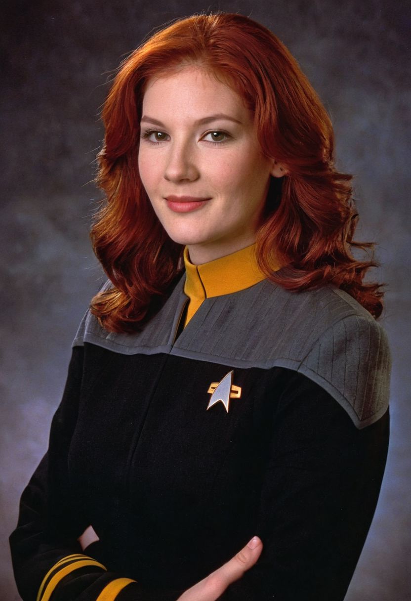 photo of a 20yo ((woman)), red hair, wavy, black and grey ds9st uniform, yellow collar, long sleeves, medium hair, 
<lora:DS9XLVGRAD3:0.8>