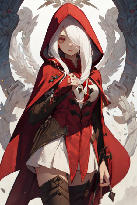 ArgentaDN, 1girl, solo, long hair, thighhighs, white hair, red hood, hair over one eye, bridal gauntlets, hooded cloak, hood up, 