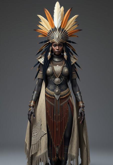 ultra realistic full body costume design  and character design of an african tribal warrior queen + feather headdress + ultra detailed accessories + long cape + a lot of tribal necklaces, photographic style, 8k, octane render, studio grey background