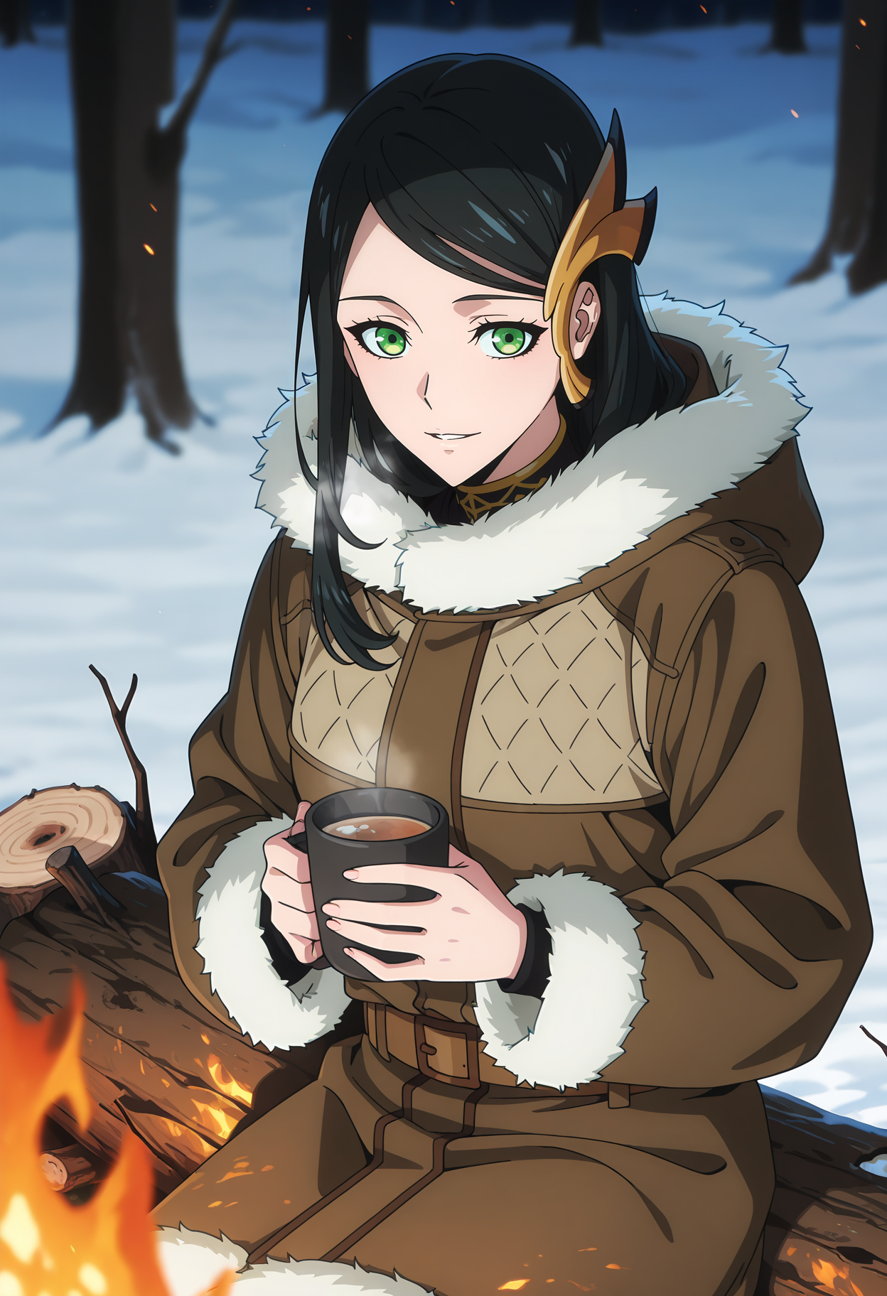 A smiling woman with green eyes and long black hair with a golden, horn-like accessory on the left side sitting on a log by a campfire in a snowy forest. She is wearing a thick, brown coat with white fur trim, which is detailed with a diamond pattern on the chest. She holds a black mug filled with steaming hot beverage in her hands. The background shows tall, dark trees with snow-covered branches, and the ground is blanketed in snow.