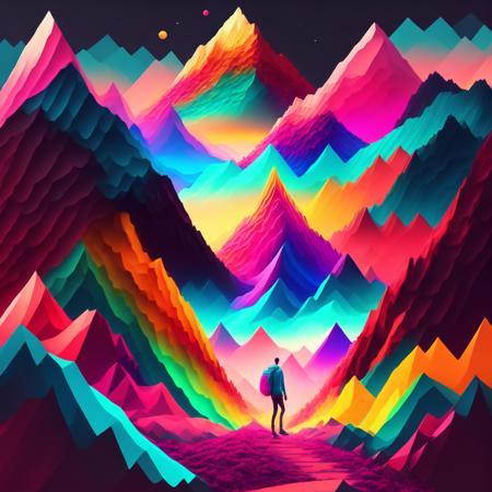 (neonpeaks style:1) a man is walking through a colorful mountain scene <lora:djzNeonPeaksV21_LoraBooth:1>