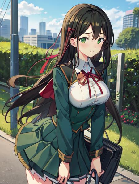 best quality, masterpiece, highres, detailed, perfect anatomy,  <lora:Detail - add_detail:0.2>, black hair, green eyes, medium breasts, student uniform, green clothes, red bow, happy, layered skirt, outdoors, standing next to a blue bike,  <lora:Character - SatsukiV12:0.8>