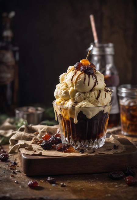RAW photo, rum & coke ice cream, hot summer day, food photo, DSLR, rum-soaked raisins and a cola syrup drizzle garnish, soft lighting, high quality, film grain, Fujifilm XT