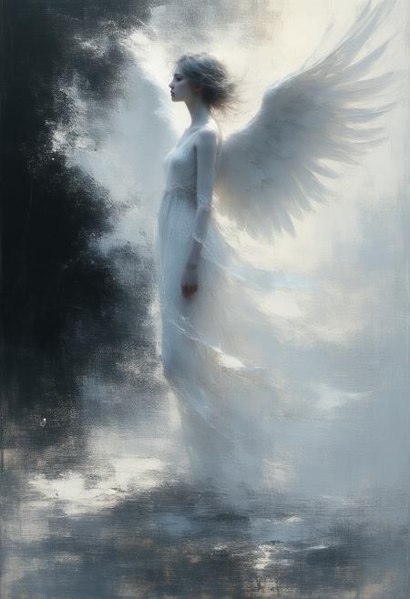 A banished female angel, ethereal silhouette against a smooth, obsidian black background. The composition emphasizes clean linear forms and gentle, echoing curves, evoking a sense of melancholic grace and restrained power. Shimmering, diffused white light subtly highlights the angel's form, creating a soft, almost imperceptible glow. Minimalist in execution, yet rich in emotional depth. Impressionistic brushwork suggests movement and a whisper of sorrow, a fusion of stark minimalism and evocative light. Focus on balance and uniformity of form, reminiscent of a forgotten dream, dynamic position.