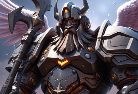Create a highly detailed digital artwork of Reinhardt from Overwatch, with a focus on a close-up of the character's junk-robot appearance. The artwork should feature a full-body shot of Reinhardt in a grey suit, with a large bust and intricate details. Incorporate a halberd and torn wing VFX elements, and draw inspiration from the styles of Tim Hildebrandt, Laurie Greasley, and Jordan Grimmer. The artwork should have a cosmic, heavenly feel, with god rays and detailed, intricate details. Aim for a photorealistic style with micro details, and output the artwork in 4K HD.
