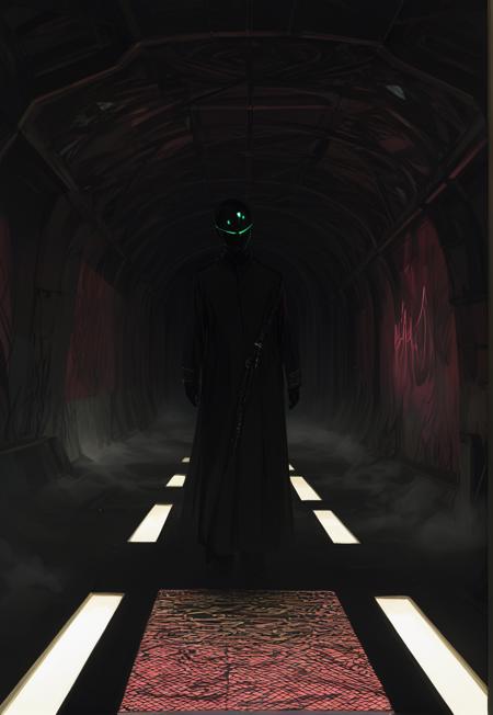 score_9, score_8_up, score_7_up, (4k quality, masterpiece):1.4), c0l0urgl0w, 43stl1ght1ng, f3nn3r, (best quality:1.1), digital painting, Silhouette, man standing in the middle of a tunnel with graffiti on the walls and floor, standing in the dark, glowing neon shine eyes, detailed face, in a futuristic spaceship tunnel, depicted as a scifi scene, spaceship hallway, liminal space hallway, in a space horror setting, sci - fi film still, stood in a tunnel,  nighttime,  occult cyberpunk,  glowing neon colors, 50 mm lens,  black hair, straight hair, <lora:c0l0urgl0wXLP:1.2> ,<lora:gl1tchXLP:0.8> gl1tch, haze lighting, low light, lined lighting, light particles, ((neon lighting through windows):2), windows on the floor, cloudy_sky, ((neon glow rays break through the windows in the floor):2), ((fog on the floor):2), fog creeps on the floor, neon through fog, fog, high-contrast, rim lighting,   <lora:4rc4n3XLP:0.6> 4rc4n3  <lora:add-detail-xl:1> <lora:Vivid_Neon_Mess_Style_PONY:1> <lora:f3nn3rXLP:0.4> <lora:43stl1ght1ngXLP2:1> <lora:V3n3t14nXLP:1.4> v3n3t14n <lora:fog_creatures_v4:1> mdfg <lora:cloudy_fashion:1> cloud, smoke