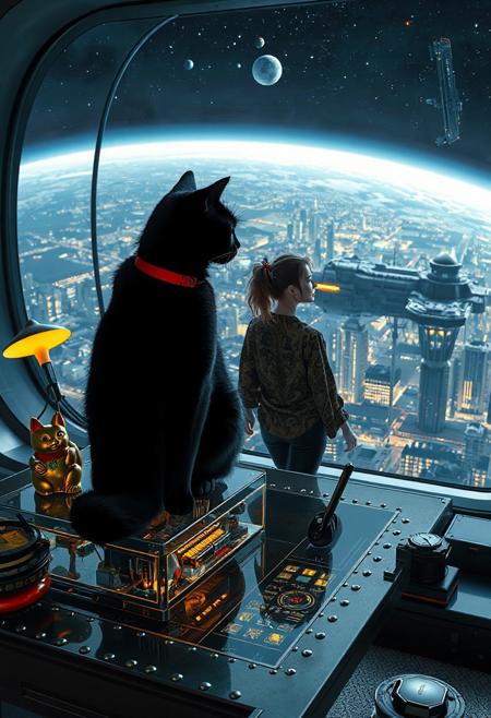 A sleek black cat with red collar sits on a cluttered metal riveted desk with transparent top and micro-LED lighted computer components visible inside, On the desk is a gold and lacquer maneki neko statue and an art deco glass and metal lamp, the Black Cat is looking out of a seamless and futuristic floor to ceiling window that looks out at a planet from low orbit, the planet is covered with the lights of enormous buildings and cities, a beautiful woman, 24 years old, is standing next to the desk the cat is sitting on and looking longingly out the window, the woman is dressed in an ornate Japanese style shirt and elegant leather pants with an ornate design. An enormous deco starship with futuristic lighting and an enormous space station are visible in the background among the stars, The woman's hair is messy from just waking up and tied up with a ribbon.  Artistic art deco, dynamic perspective, overall architectural aesthetic is Art Deco Cyberpunk.  Epic image that elicits a feeling of wonder and awe,