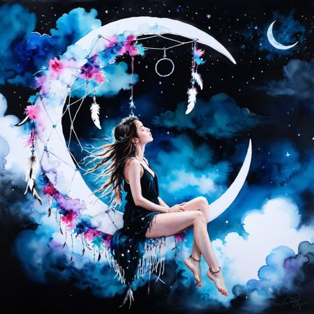 ink painting, acrylic,, crescent moon dreamcatcher, a beautiful woman sitting in it, night, stars above, clouds below, watercolour-ink painting centered, key visual, intricate, highly detailed, dark studio, rim lighting, two tone lighting, dimly lit, low key breathtaking beauty, precise lineart, vibrant, comprehensive cinematic, Carne Griffiths, Conrad Roset, sfw:1.3, <lora:add-detail-xl:1>,  <lora:xl_more_art-full_v1:0.5>