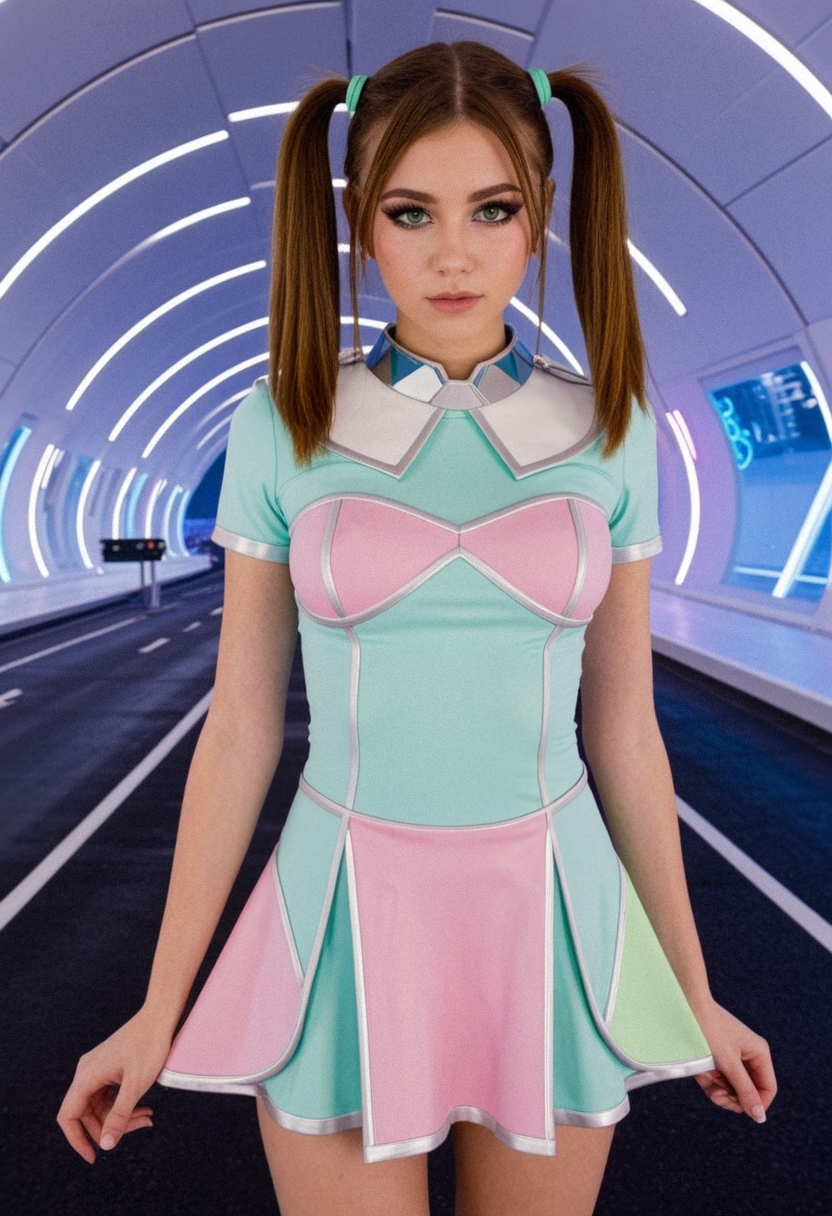 masterpiece, 4k, intricate details, highly-detailed, hyper-realistic, realistic, photorealistic, simple background,
1girl, looking at viewer, medium breasts, (eyeliner:1.2), 18 year old woman, twintails, {pink|blue|green} pastel colored futuristic uniform dress, short A-line skirt, contrasting {white|silver} piping details, geometric collar shape, sleek utopian aesthetic, Autonomous vehicles on a futuristic highway