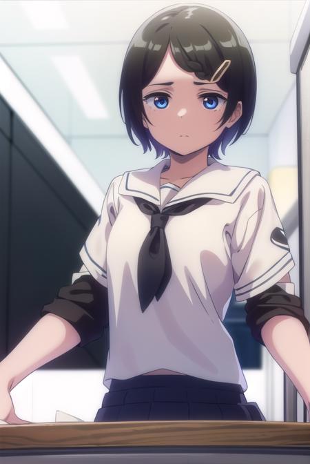 aitanahara, <lora:ai tanahara anime s1-lora-nochekaiser:1>, 
ai tanahara, short hair, black hair, hair ornament, (brown eyes:1.3), hairclip, (swept bangs:1.5), (flat chest:1.2),
BREAK shirt, white shirt, collared shirt, neckerchief, red neckerchief, skirt, black skirt,
BREAK indoors, classroom,
BREAK looking at viewer,
BREAK <lyco:GoodHands-beta2:1>, (masterpiece:1.2), best quality, high resolution, unity 8k wallpaper, (illustration:0.8), (beautiful detailed eyes:1.6), extremely detailed face, perfect lighting, extremely detailed CG, (perfect hands, perfect anatomy),